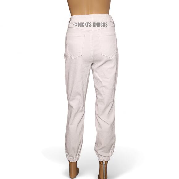 White High Rise Distressed Jogger Jeans Straight Leg Elastic Cuff Size 26 - Picture 5 of 10